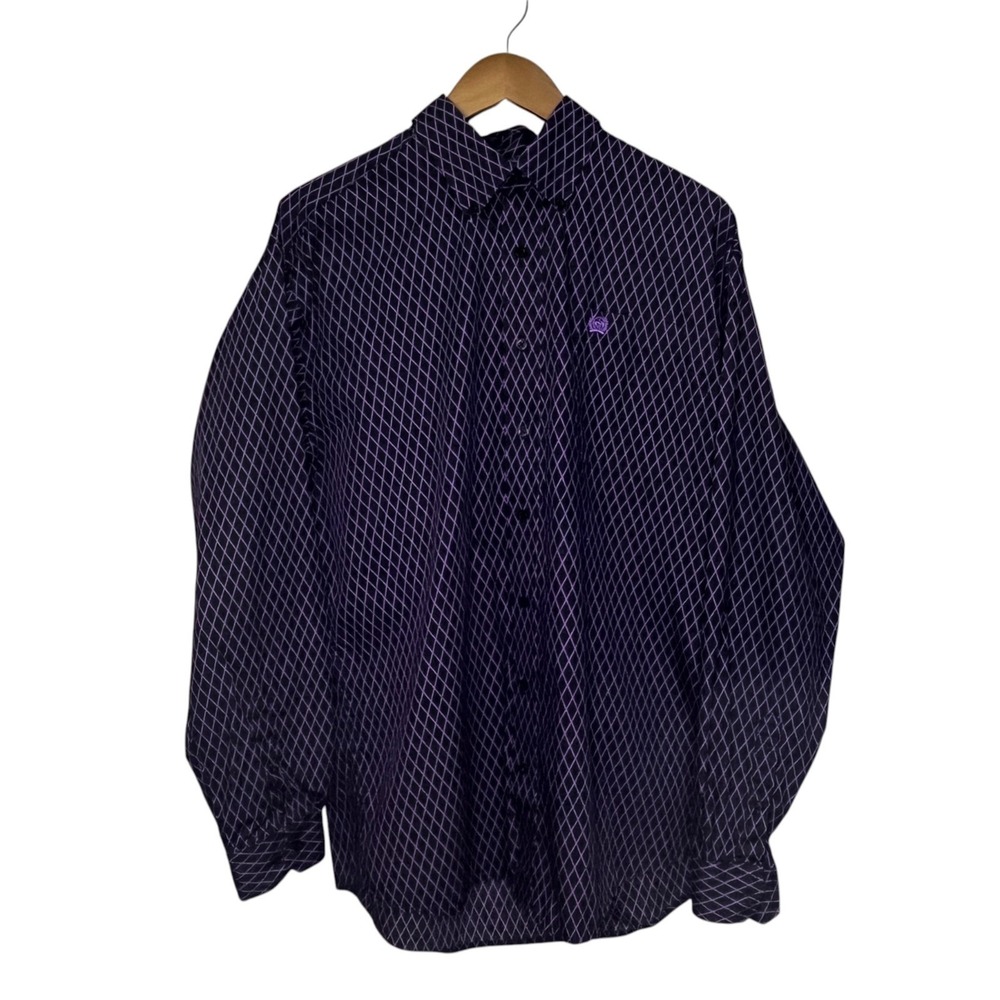 Cinch Mens Button Down Long Sleeve Purple Diamond Pattern 100% Cotton Medium